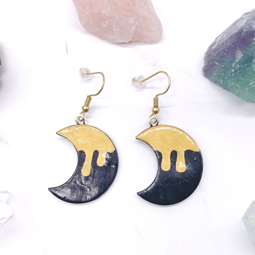 Black and Gold Drippy Moon Wire Hook Dangle Earrings